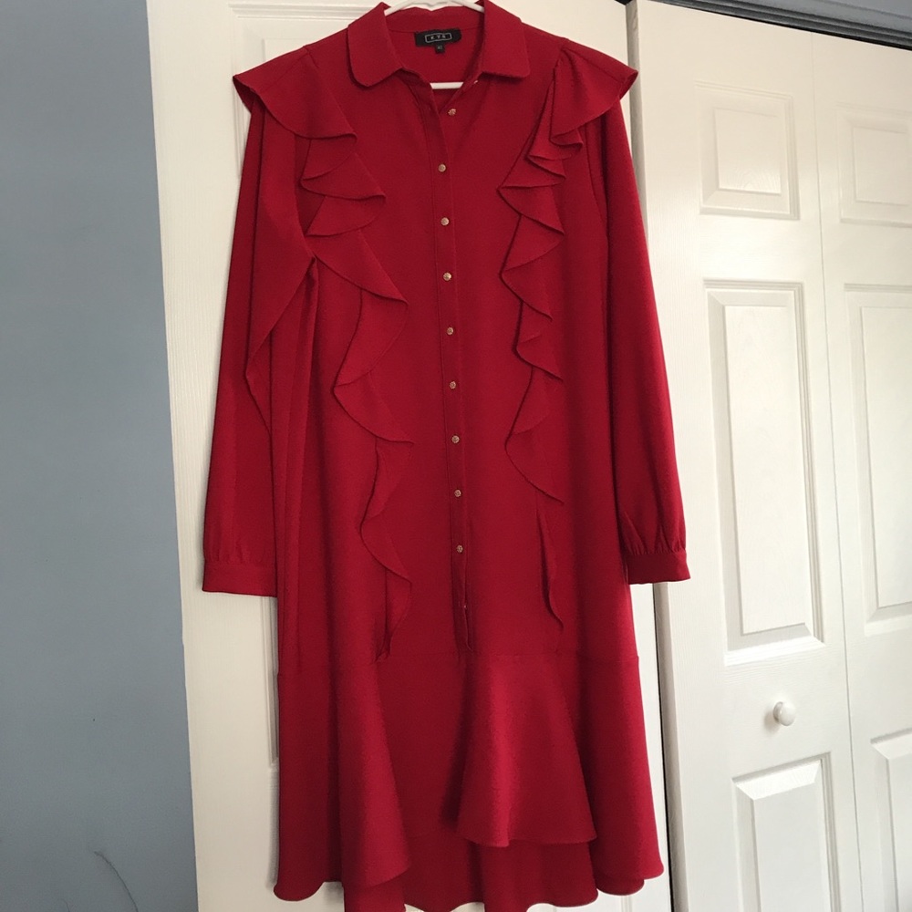 Red Ruffle Long Seeve Tunic Dress New